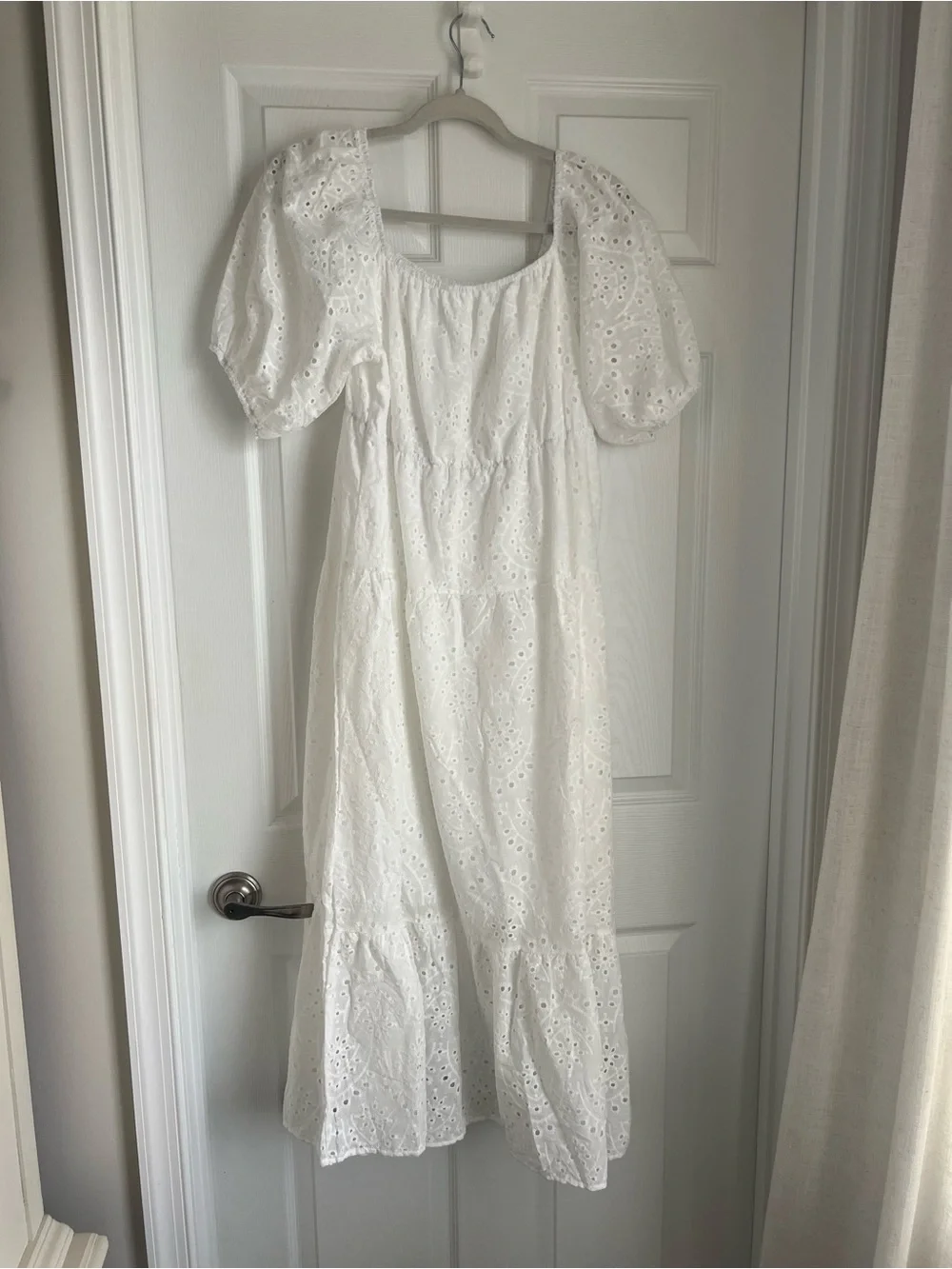 White Eyelet Midi Dress with Puff Sleeves - Picture 1 of 2